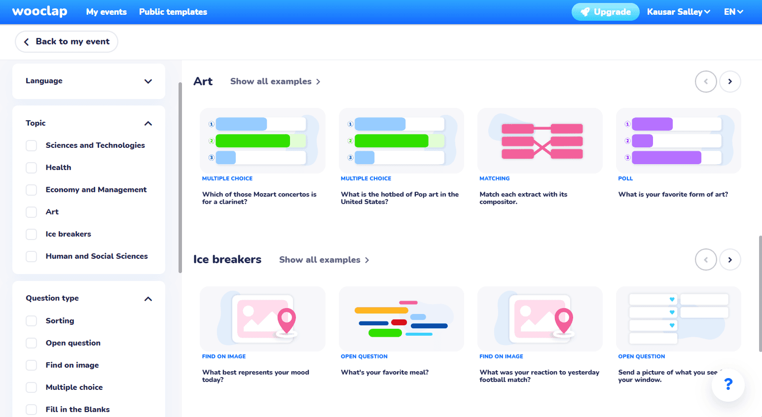 Wooclap's question example library is easy to navigate with plenty of filtering options.