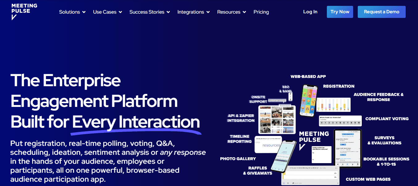 MeetingPulse’s homepage with the slogan ‘The enterprise engagement platform built for every interaction.’
