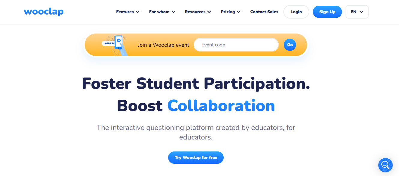 Wooclap’s homepage has a slogan: ‘Foster student participation. Boost collaboration”]