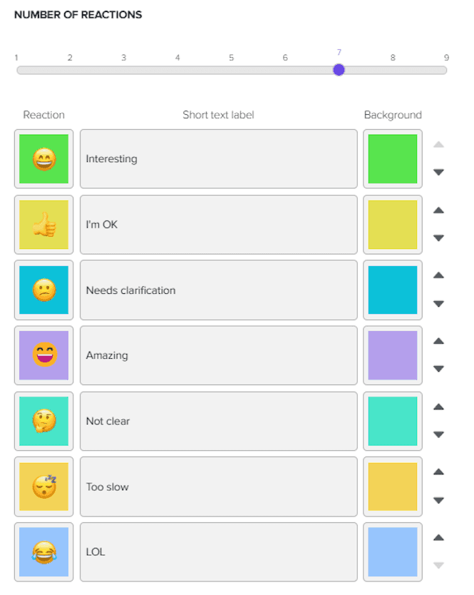 MeetingPulse’ audience response settings supports custom emojis, statements, and colors that participants can use to react to questions and activities in the event.