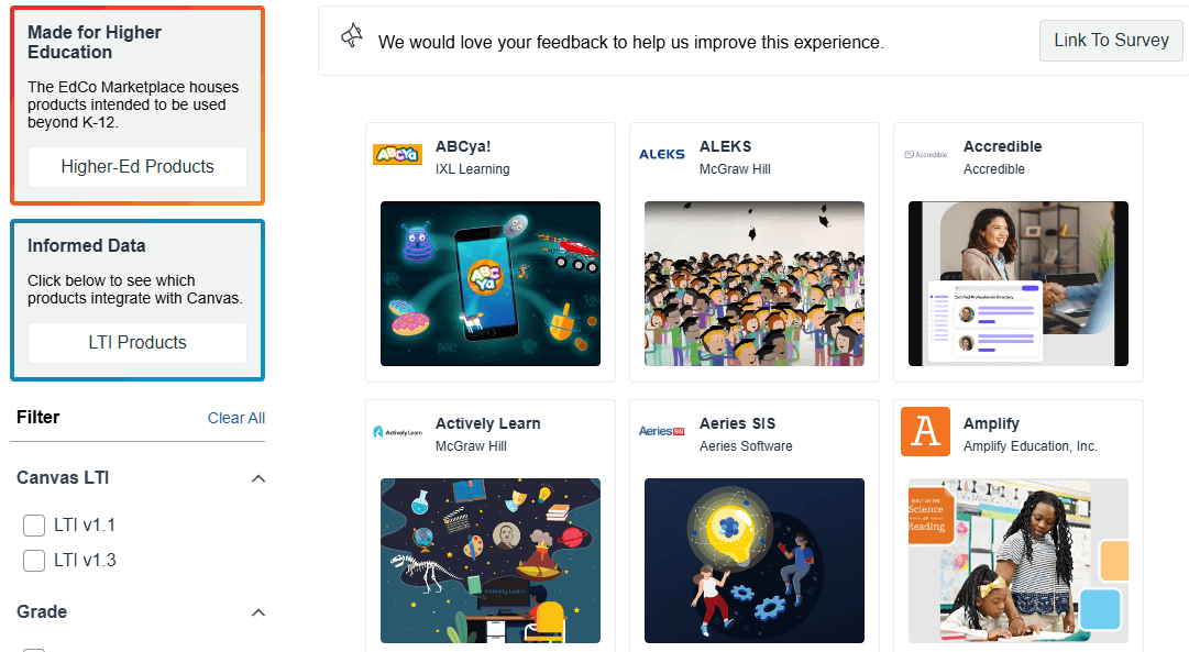Overview of Canvas integration page spotlighting its higher ed products and LTI products.