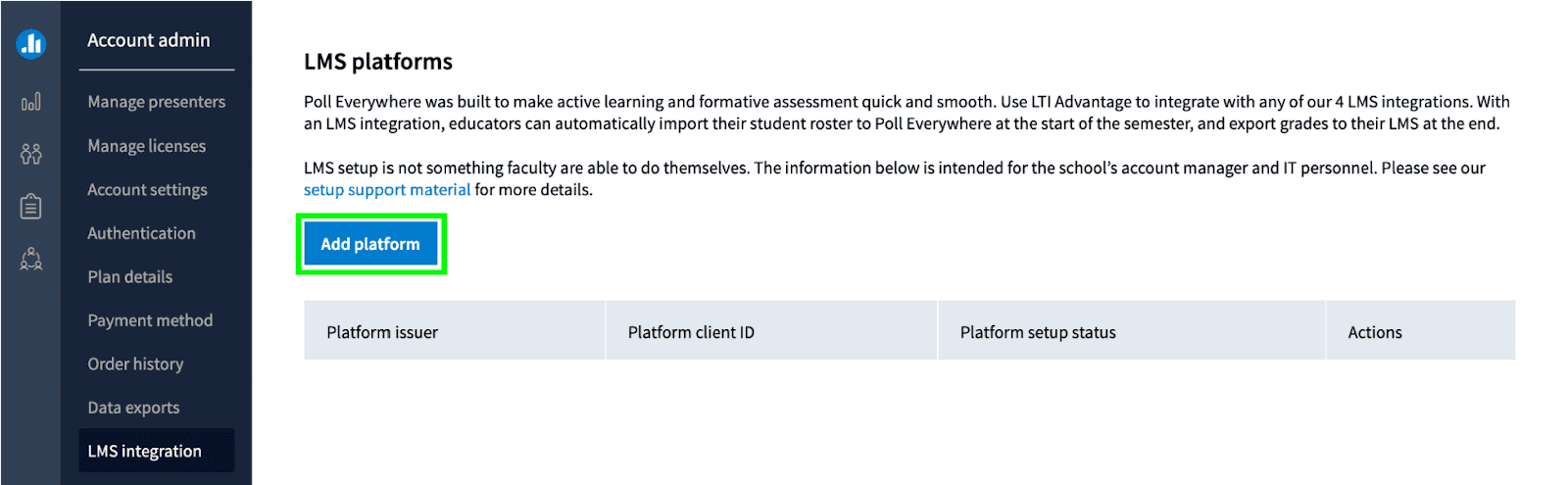 Poll Everywhere LMS integration page showing account admin navigation and a (empty) table for added platforms.