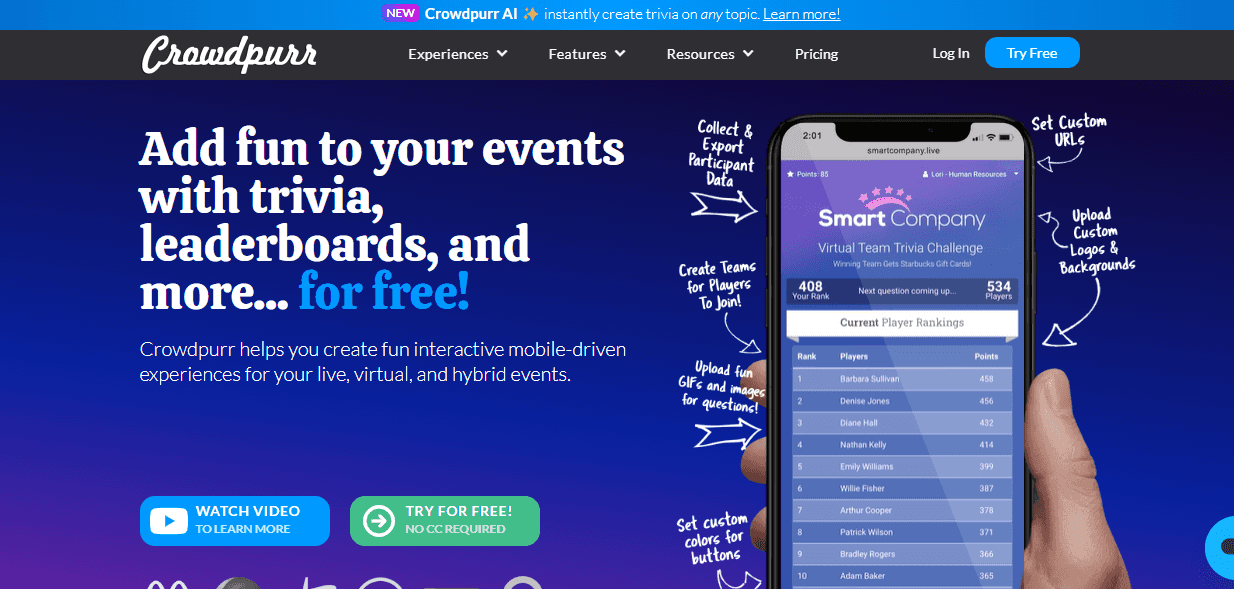 Crowdpurr’s homepage has a slogan: ‘Add fun to your event with trivia, leaderboards, and more… for free.'