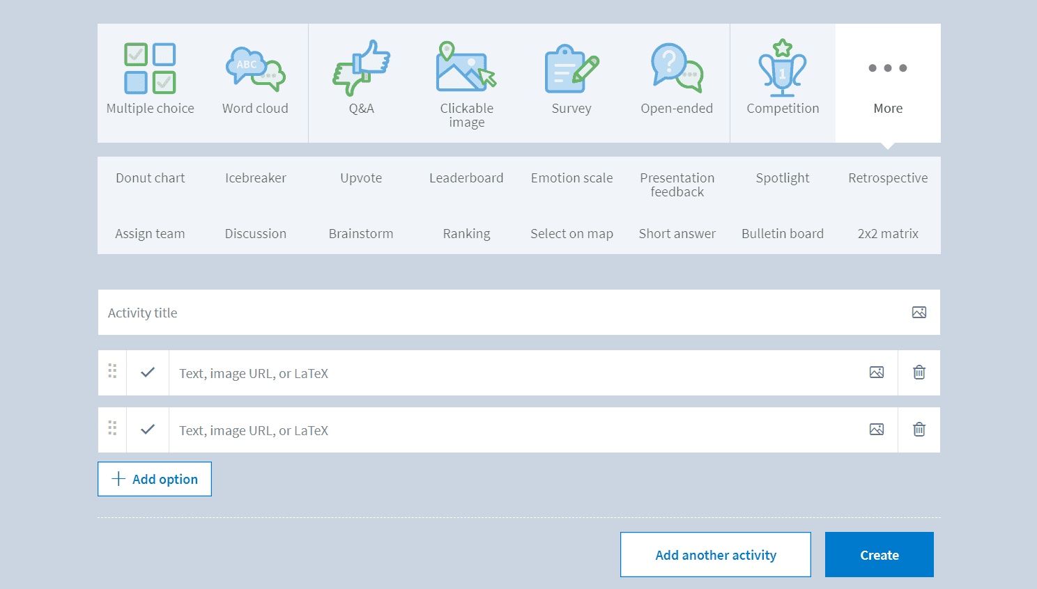"Poll Everywhere interface showing various interactive activity options like Q&A, survey, and multiple choice, with fields to enter question and answer choices.