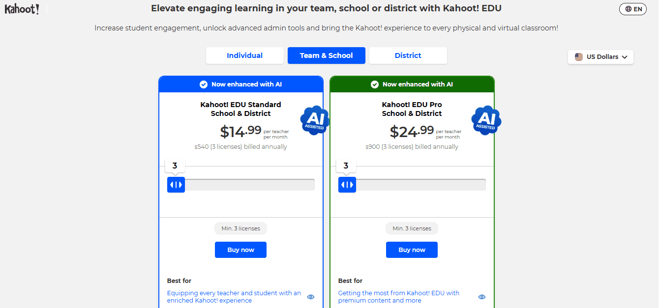 overview of Kahoot's educational plan showing all the packages and prices listed below