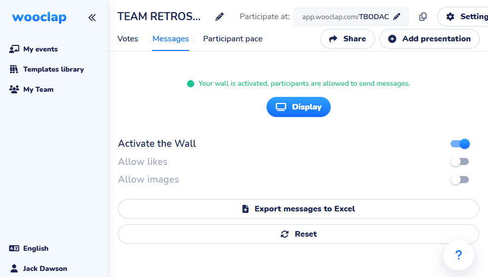 Wooclap message wall page displaying how you can activate the wall, allows likes, and give participants permission to interact with you using images.