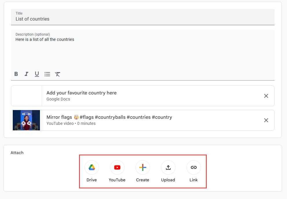 ”Google Classroom supports external content like Google Drive files, YouTube videos, webpage links, and file uploads in their courses.