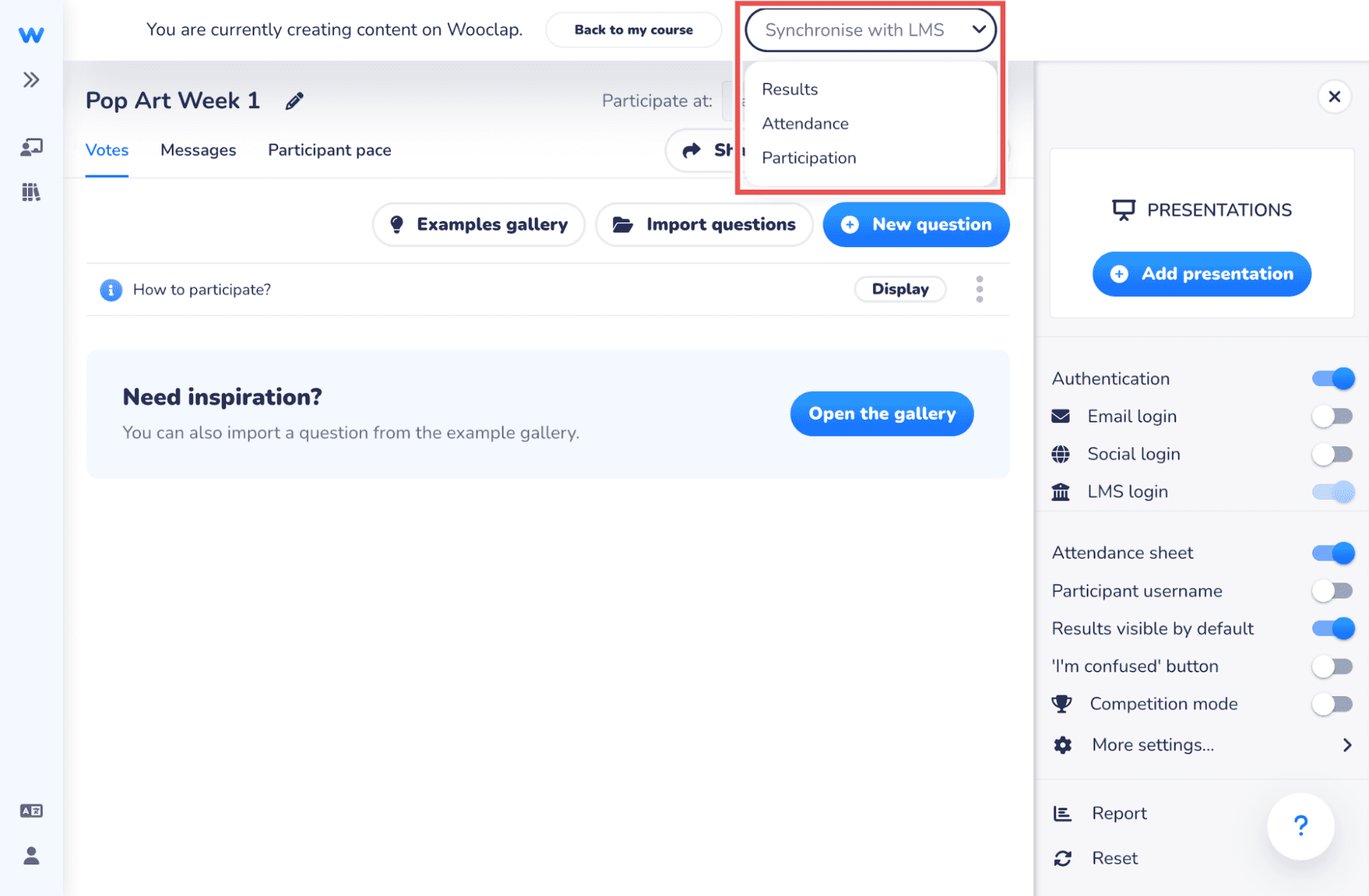 Wooclap’s LMS integrations can be enabled and set up in the event screen.
