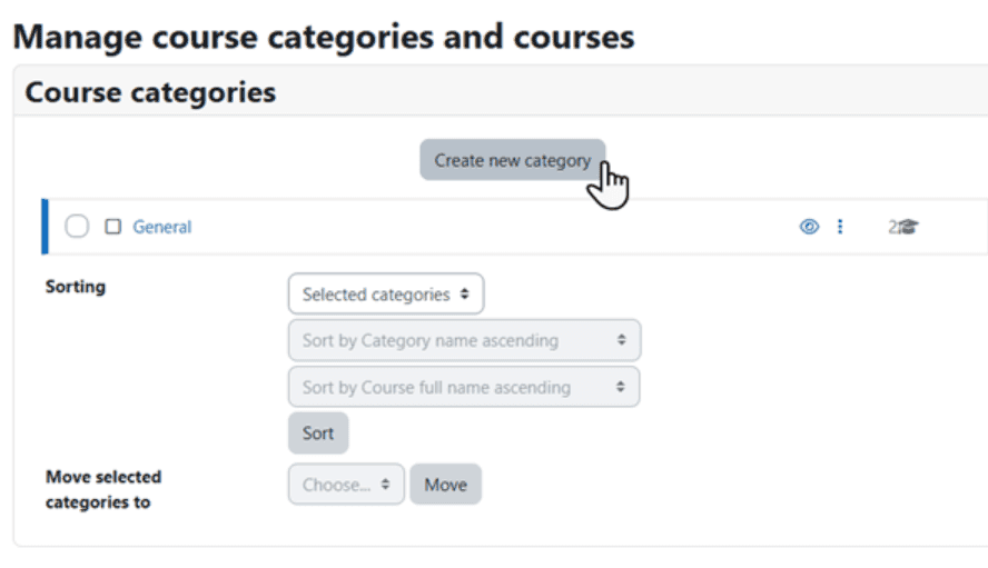 Overview of Moodle categories page showing tabs to create new categories, sort through categories, and options to move categories around.