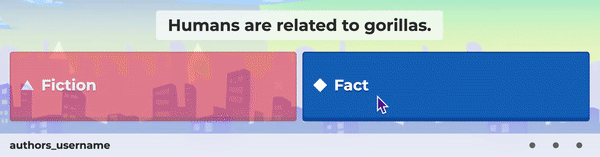 Kahoot's true/false question interface showing 'Humans are related to gorillas' with red 'Fiction' and blue 'Fact' answer options