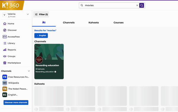 "Kahoot's K-360 interface showing search results for 'movies' with tabs for Channels, Kahoots, and Courses.