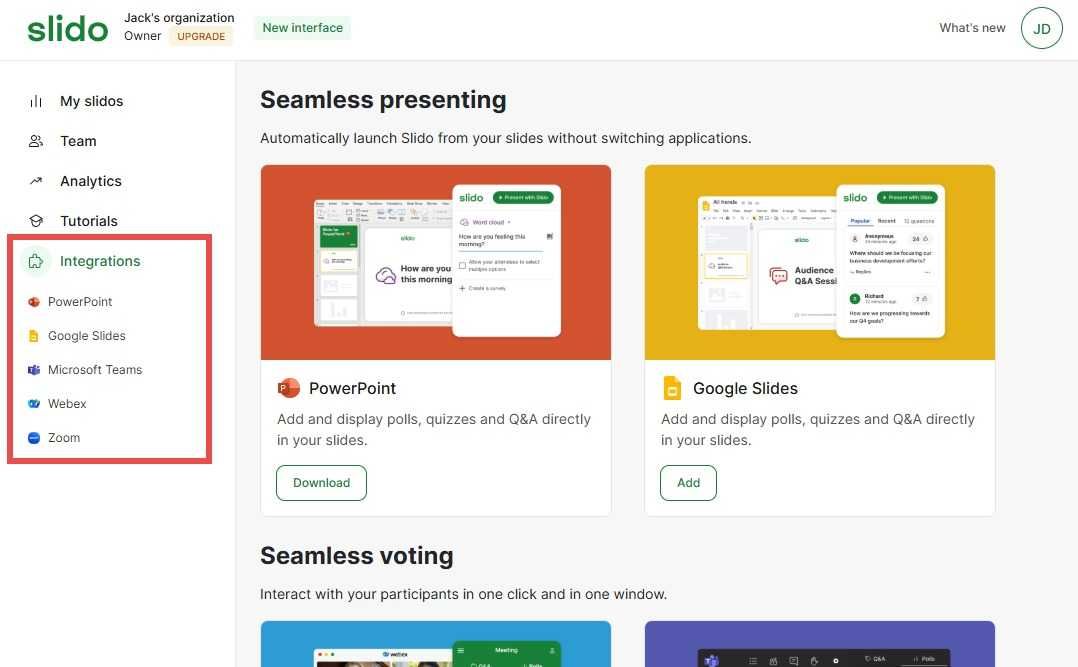 Slido supports integrations with popular presentation platforms like PowerPoint, Google Slides, Microsoft Teams, Webex, and Zoom.