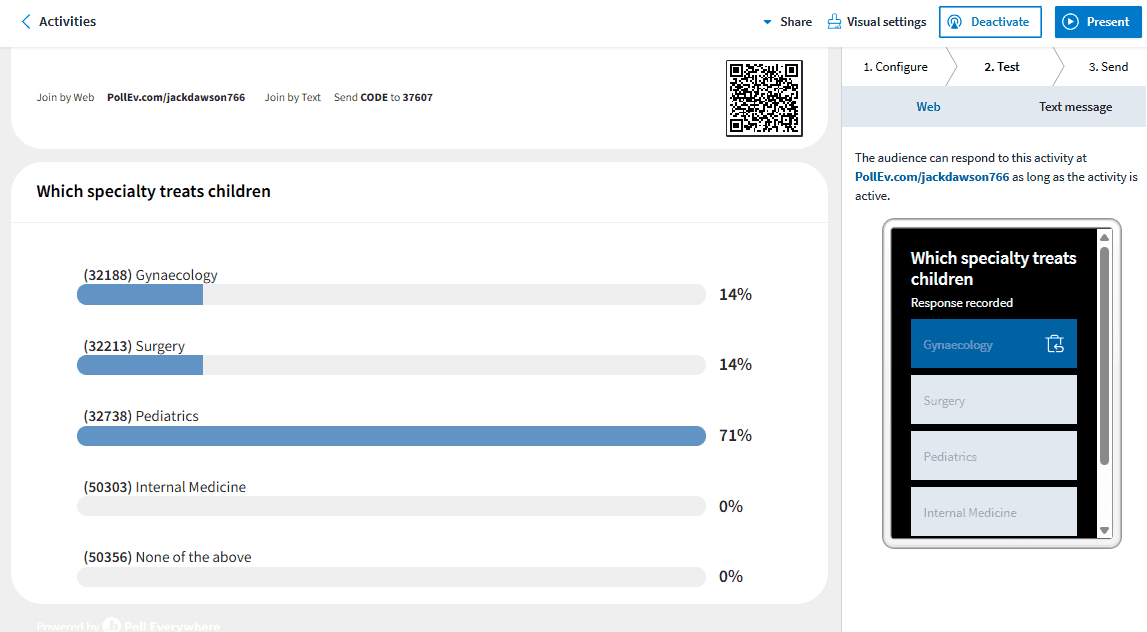 Poll Everywhere’s Test Tab lets you preview your quiz and simulate audience responses.