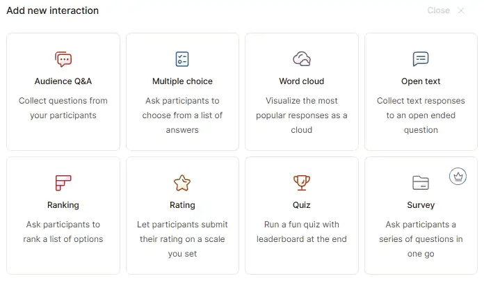 Slido’s question types include surveys, quizzes, ratings, rankings, open text, word clouds, multiple choice questions, and audience Q&A.