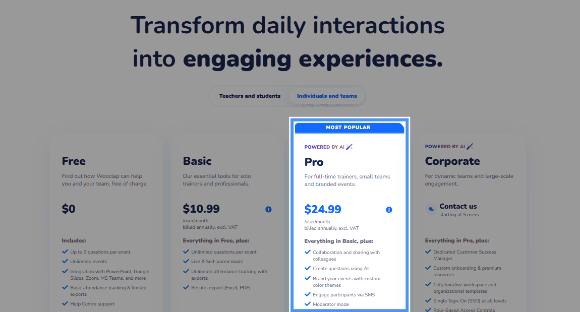 overview of Wooclap’s pro plan for business spotlighting it’s $24.99 price poin