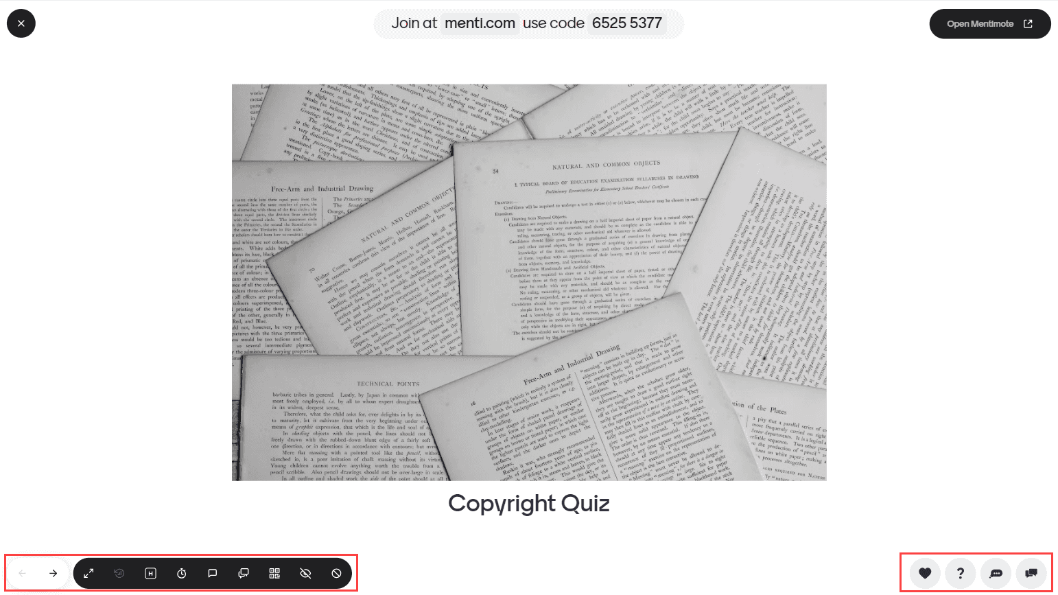 Mentimeter's presenter view has two menus at the bottom right and left, each is marked with a red rectangle. The menu on the left allows the user to control the presentation, while the one on the right shows interaction options.